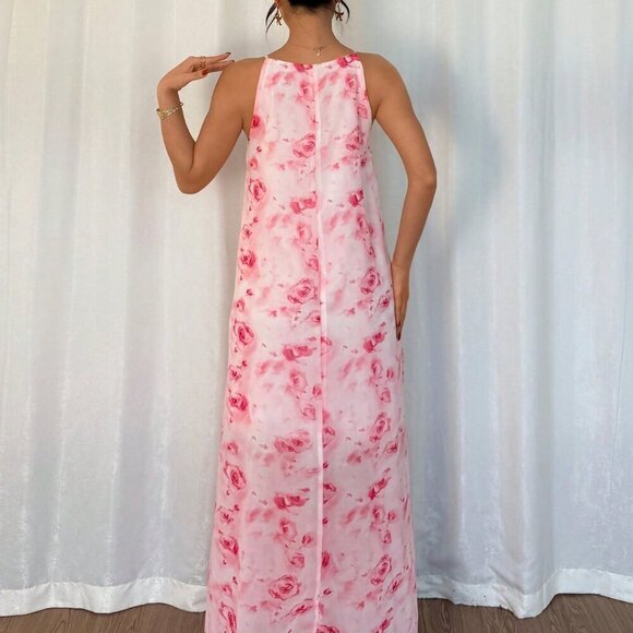 Pink Women's Elegant Ruffle Strap Floral Print Long Flowy Maxi Dress - Picture 2 of 7